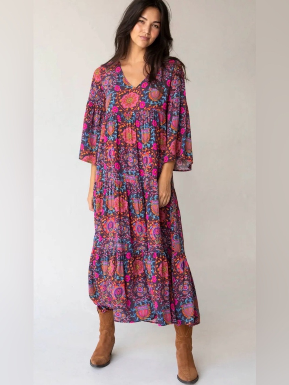 NATURAL LIFE Size L Charlotte Midi Dress BLACK PRINTED FOLK CIRCLES TIERED FLOWY - Picture 2 of 11